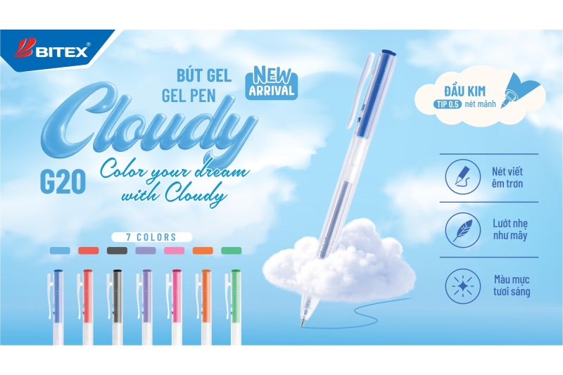 BÚT GEL BITEX CLOUDY G20,  LƯỚT NHẸ NHƯ MÂY, THÊM SẮC MÀU CHO TỪNG TRANG VIẾT