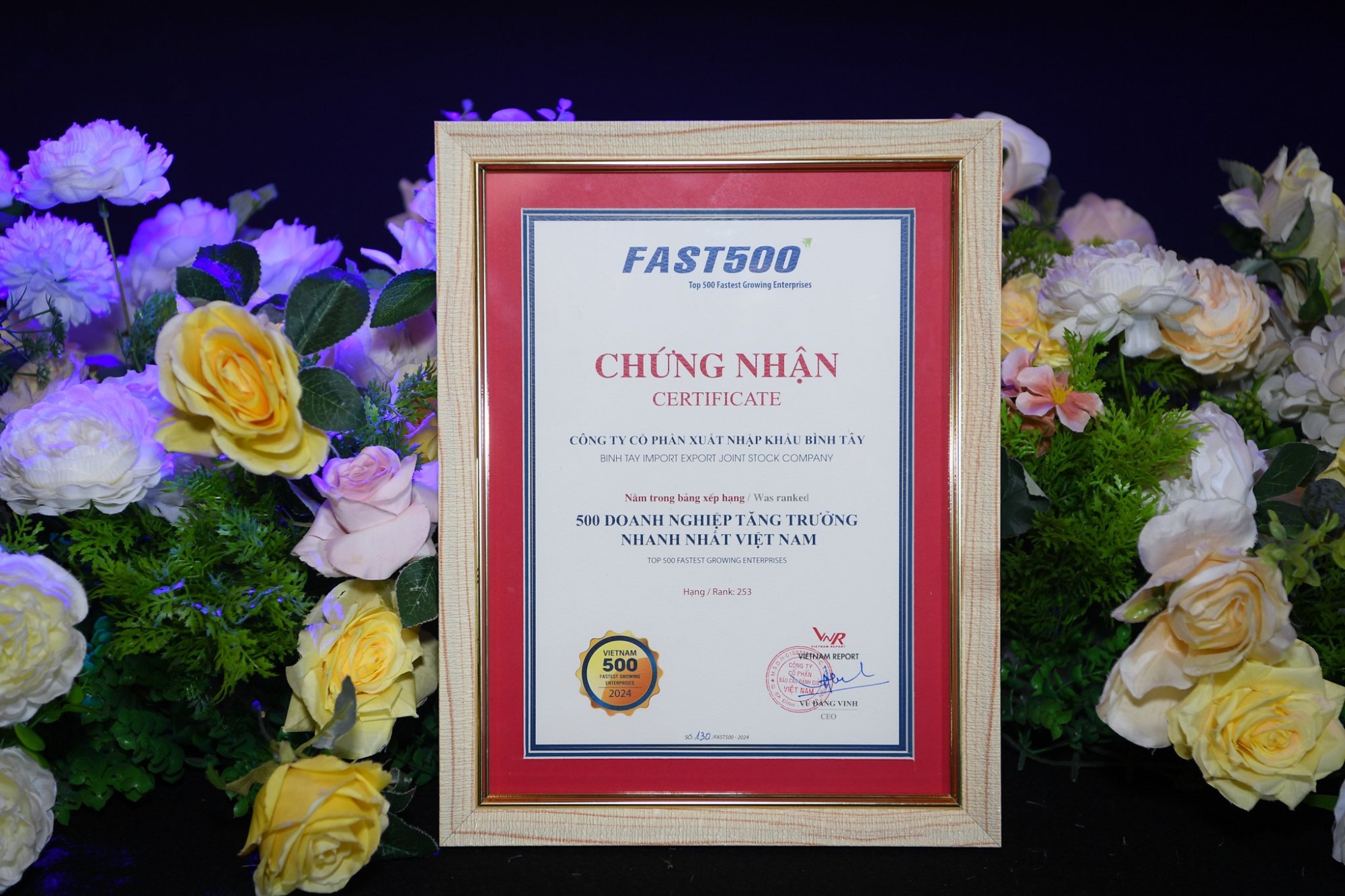 BITEX nhận vinh danh “Top 500 doanh nghiệp tăng trưởng nhanh nhất Việt Nam”