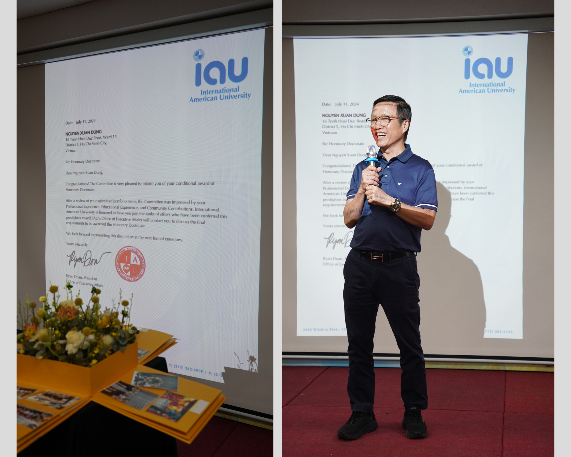 Ông Nguyễn Xuân Dũng - Chủ tịch HĐQT Tập đoàn BITEX chia sẻ niềm vui đón nhận sắc phong Tiến sĩ Danh dự từ Đại học Quốc tế Hoa Kỳ